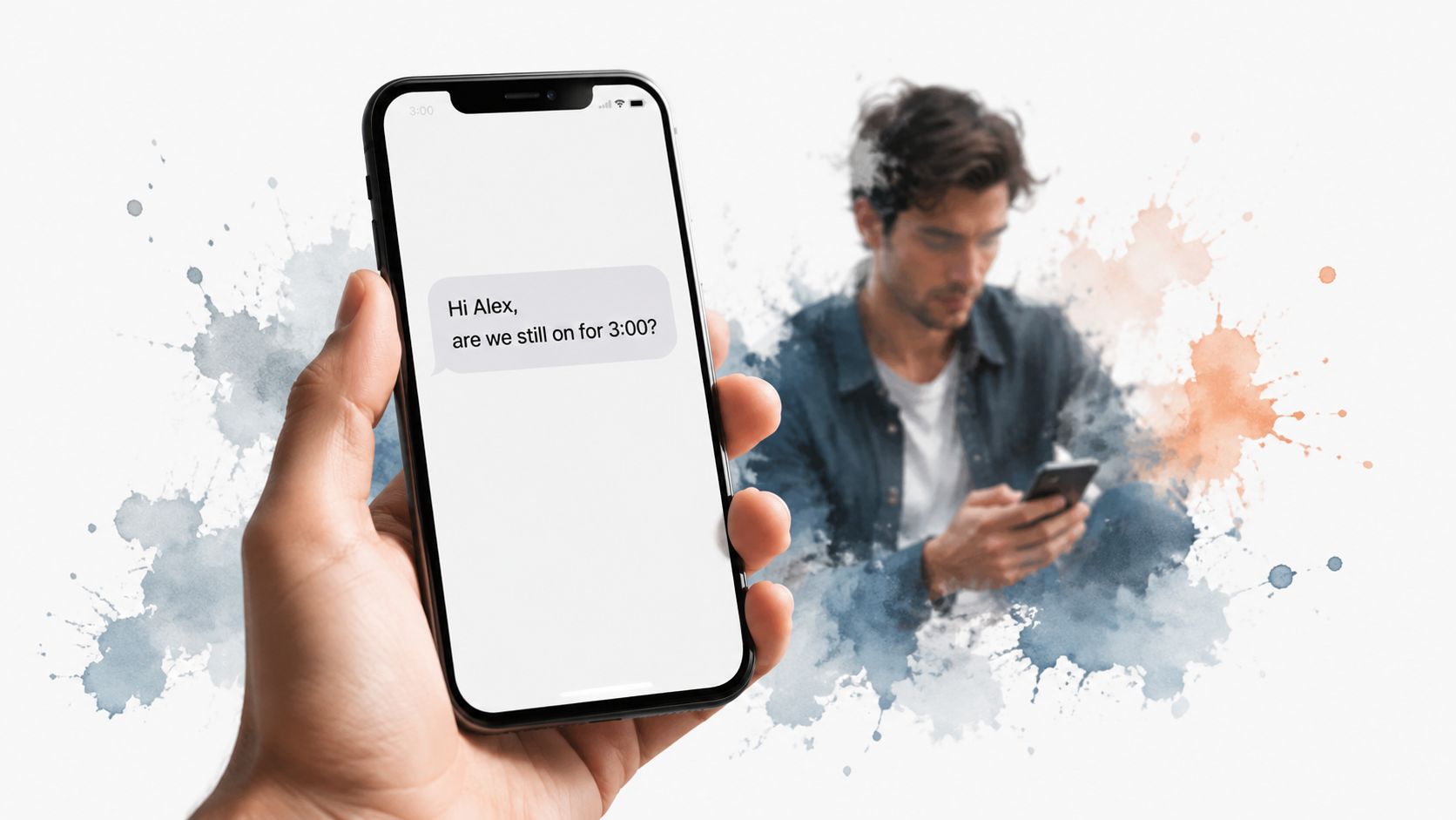 A hand holding a smartphone displaying a text message inquiring about a scheduled appointment time.