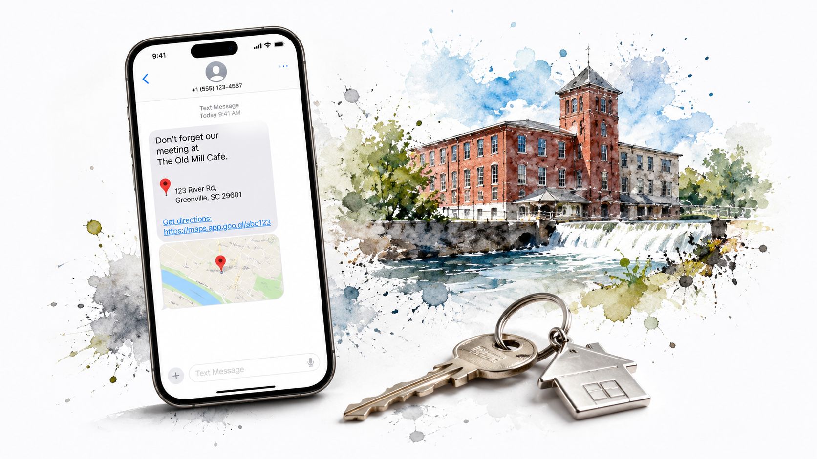 A smartphone displays a meeting reminder text for The Old Mill Cafe near a watercolor mill painting.
