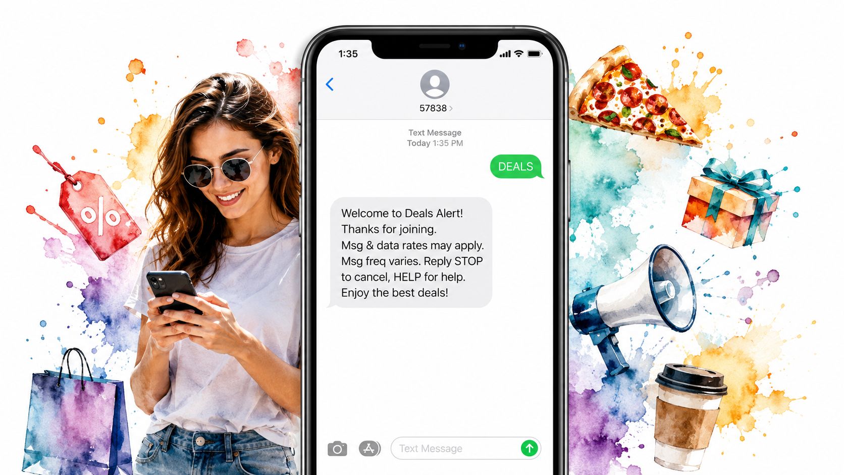 A smartphone showing a text-to-join campaign, with watercolor icons for pizza and sales representing marketing keywords.