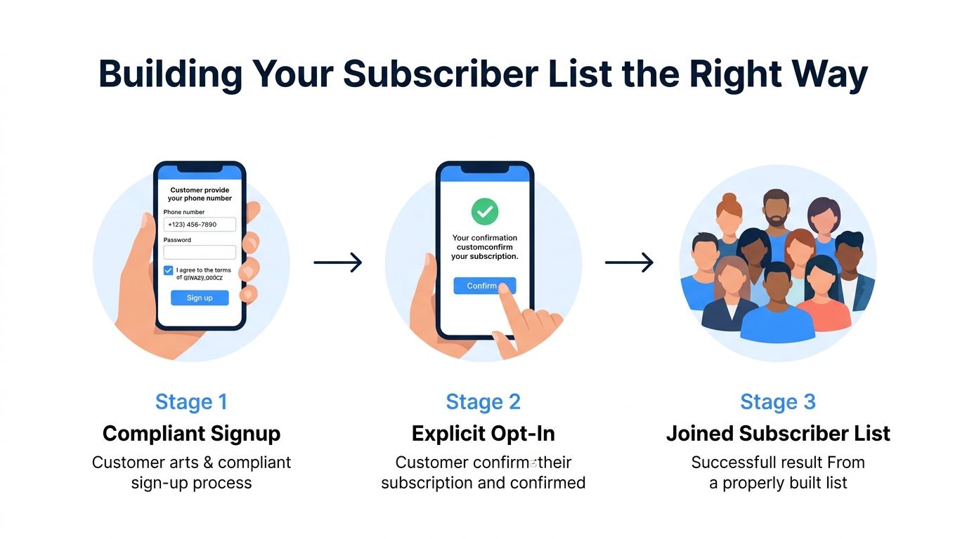 An infographic illustrating the three-step process for building a compliant SMS subscriber list: signup, explicit opt-in, and confirmation.