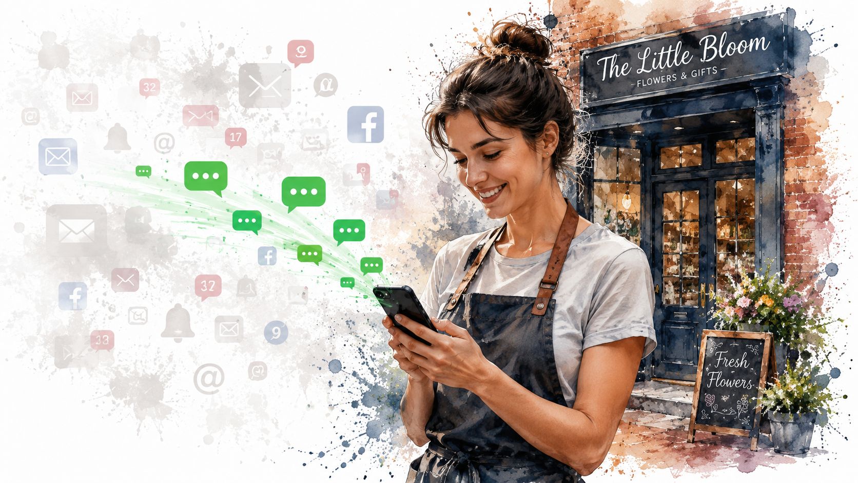 A small business owner uses a smartphone for SMS marketing, with text message icons cutting through a background of digital noise.
