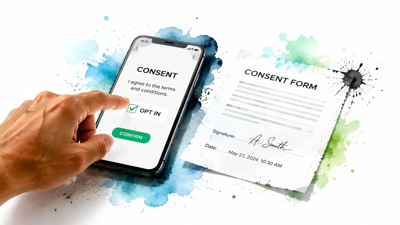 A hand selecting the opt-in checkbox on a smartphone screen next to a signed consent form document.