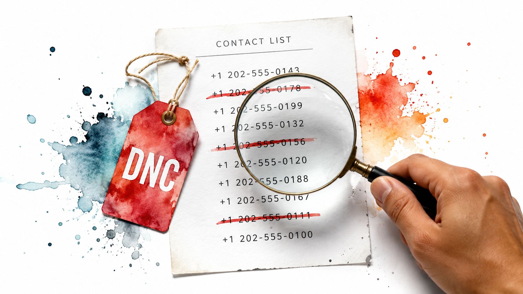 A hand holding a magnifying glass over a contact list with several phone numbers crossed out.