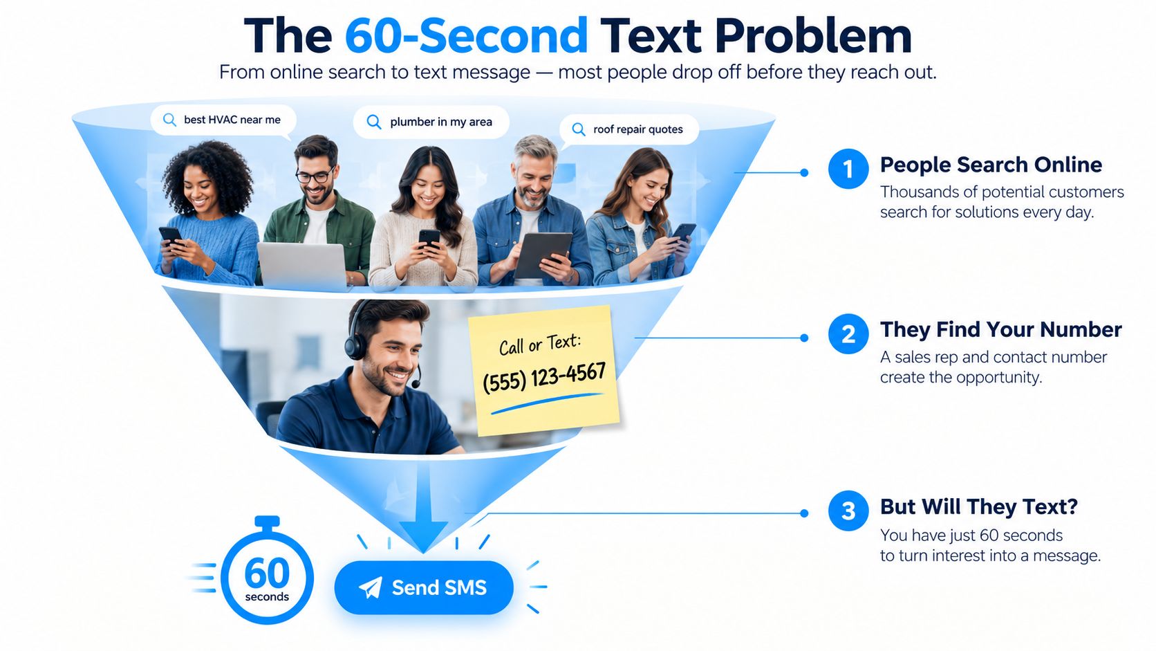 A funnel diagram illustrating the 60-second window to convert online customer search interest into an SMS message.