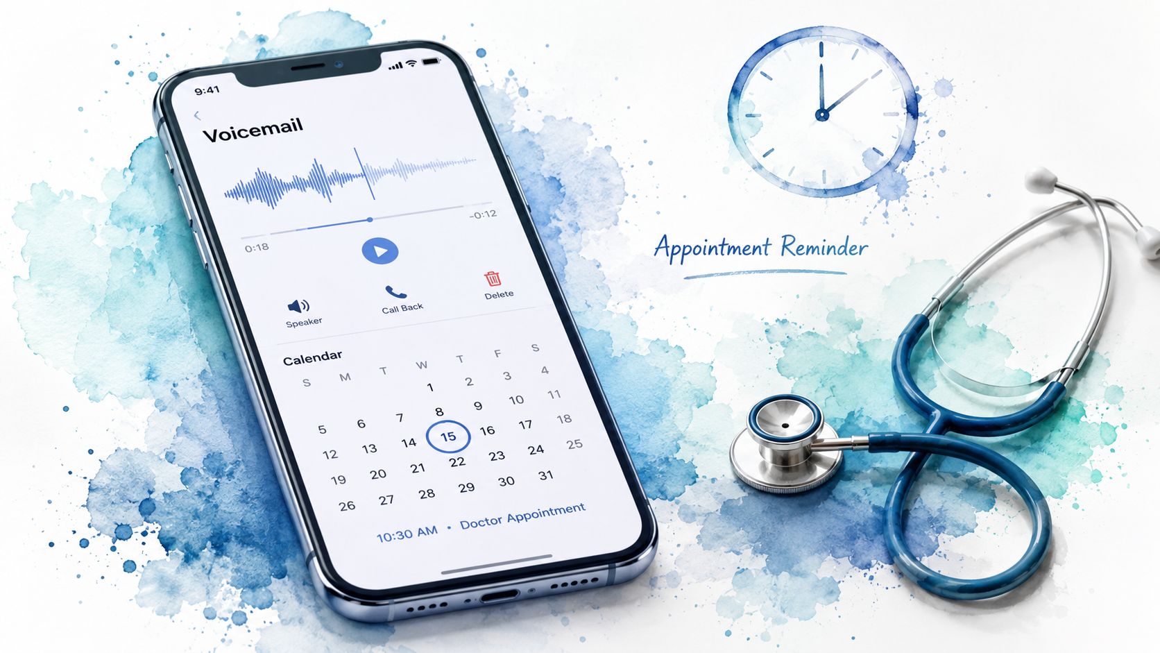 A smartphone displaying a voicemail screen and calendar with a medical appointment reminder and a stethoscope.
