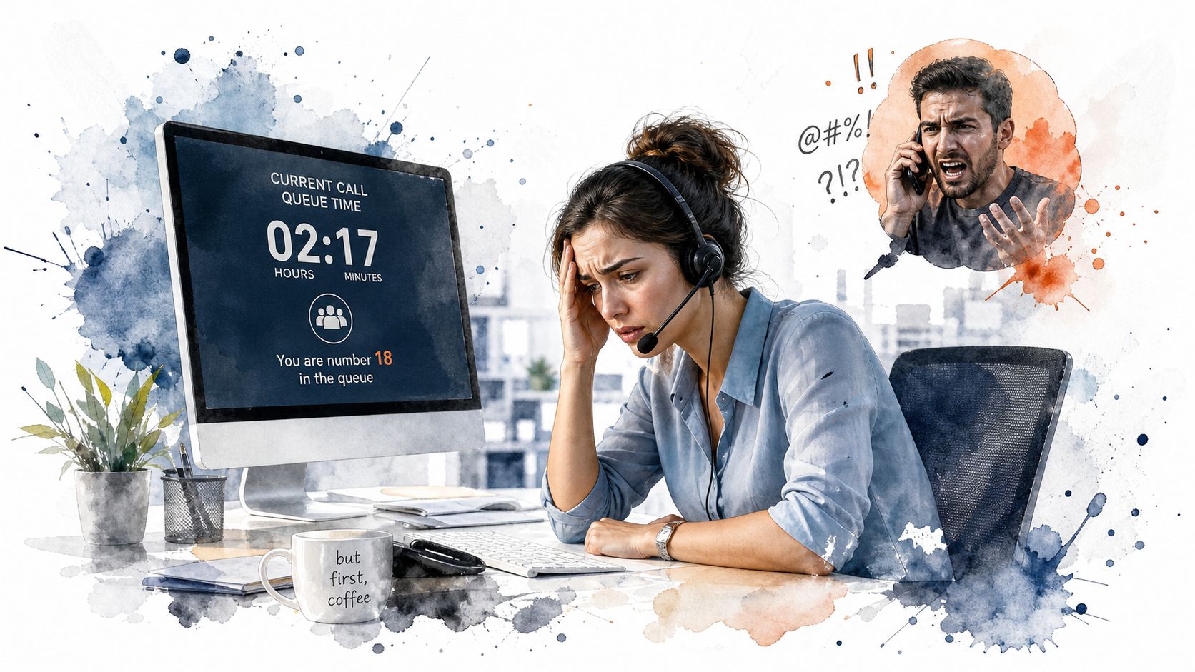 A stressed customer service representative wearing a headset sits at a desk while a customer yells.