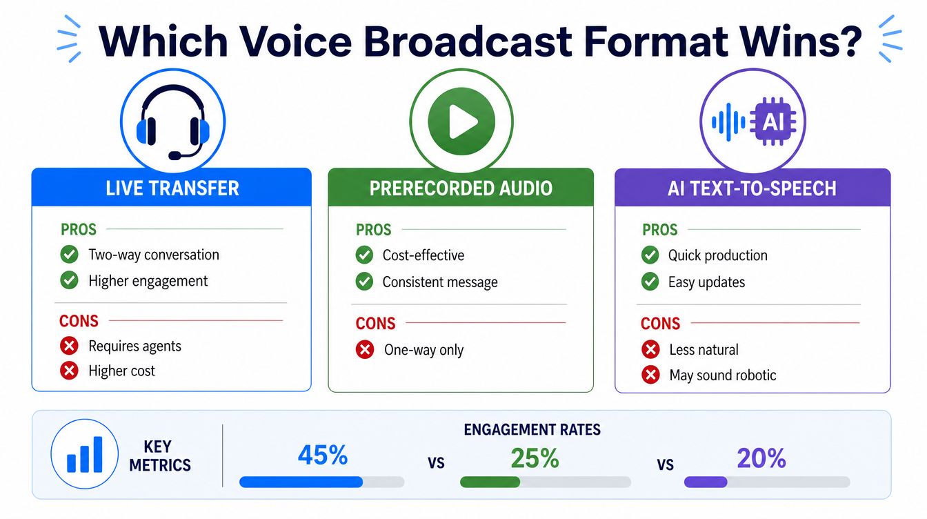 A comparison chart showing pros, cons, and engagement rates of live transfer, prerecorded audio, and AI text-to-speech.