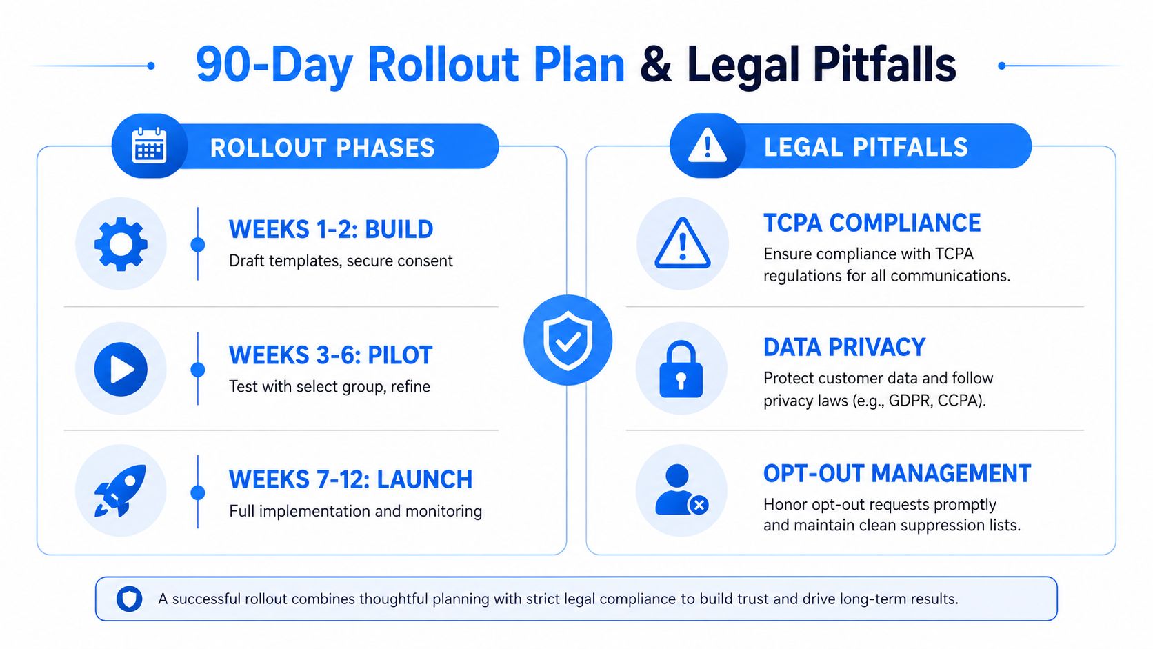 A 90-day rollout plan infographic showing timeline phases for building, piloting, and launching alongside legal compliance considerations.