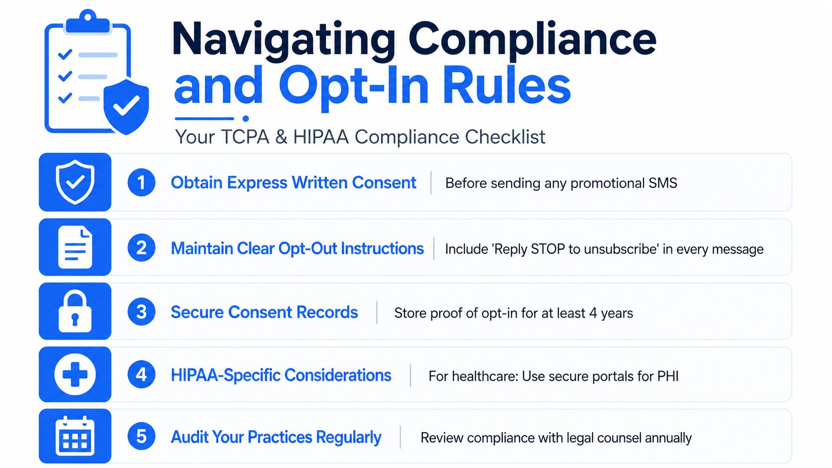 A TCPA and HIPAA compliance checklist for sending SMS messages, featuring five key legal rules.