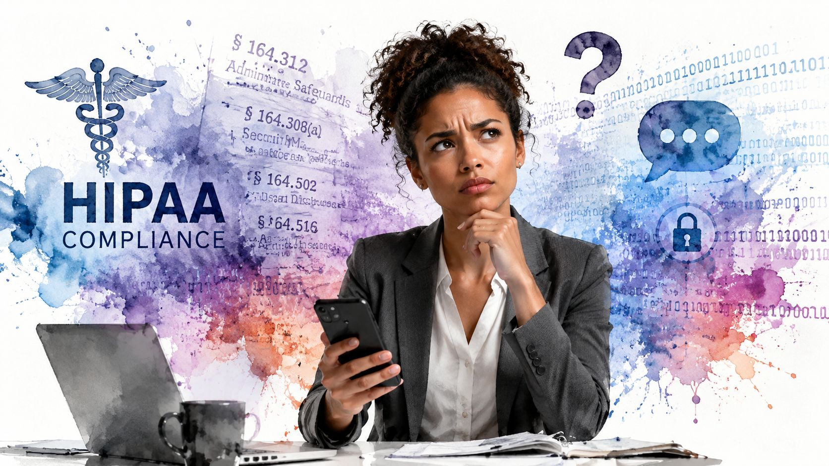 A concerned professional holding a smartphone while researching HIPAA compliance requirements and data security regulations.