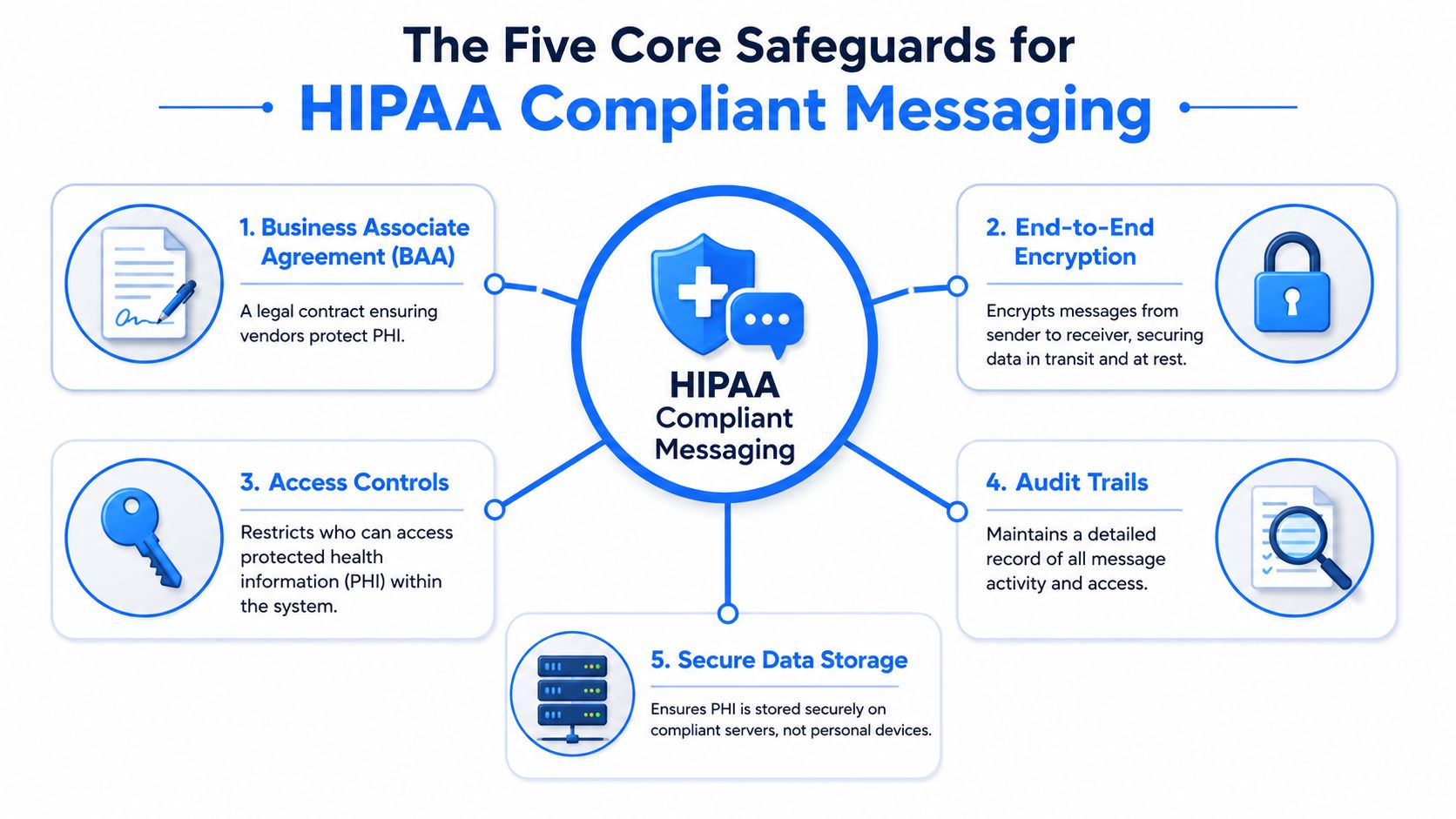 A diagram outlining the five core safeguards for achieving HIPAA compliant messaging, including encryption and access controls.