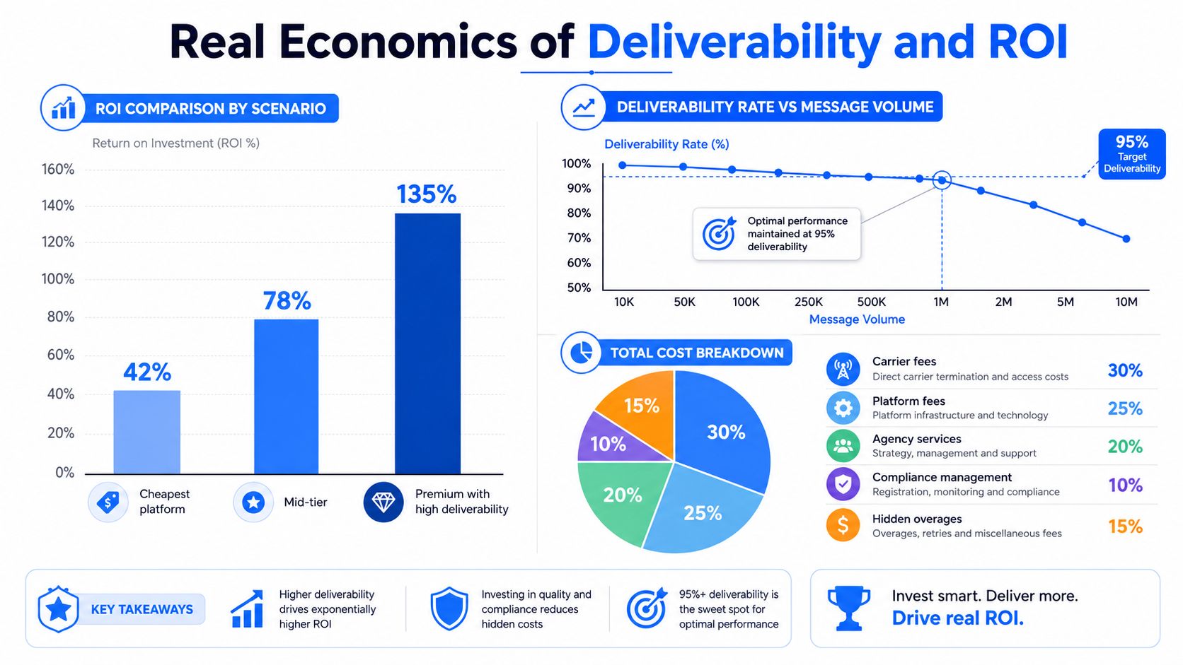 A chart showing how high deliverability rates in SMS marketing drive higher ROI and lower total operational costs.