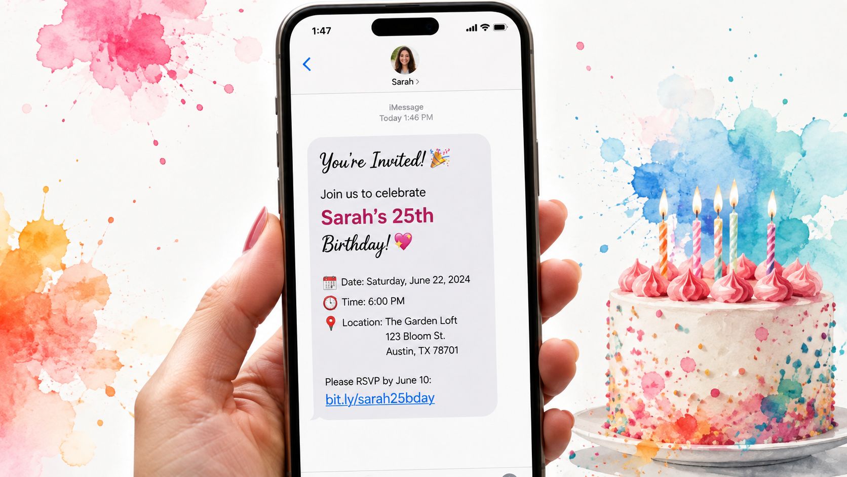 A smartphone displaying a birthday party invitation text message with an RSVP link, set against a festive watercolor background.