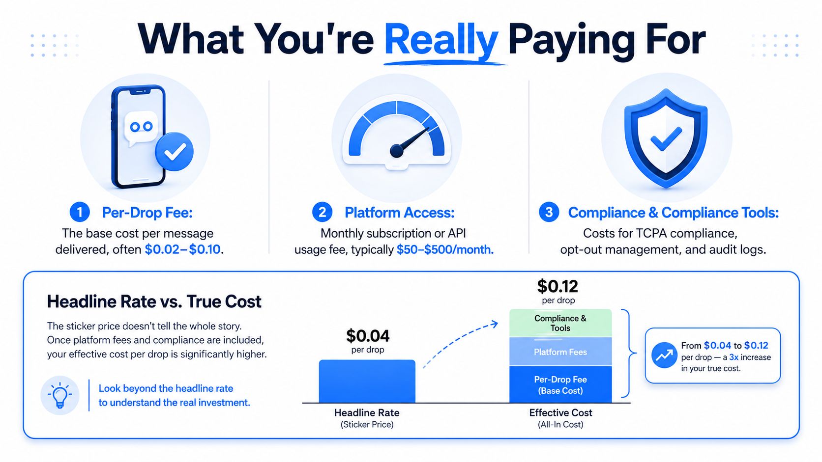 A graphic explaining the hidden costs of ringless voicemail marketing beyond the initial base sticker price.