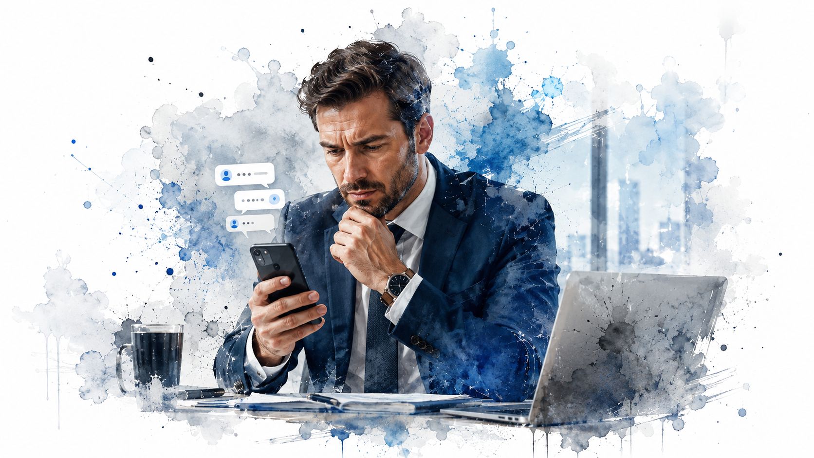 A professional businessman in a suit looks at his smartphone with a thoughtful expression in an office.