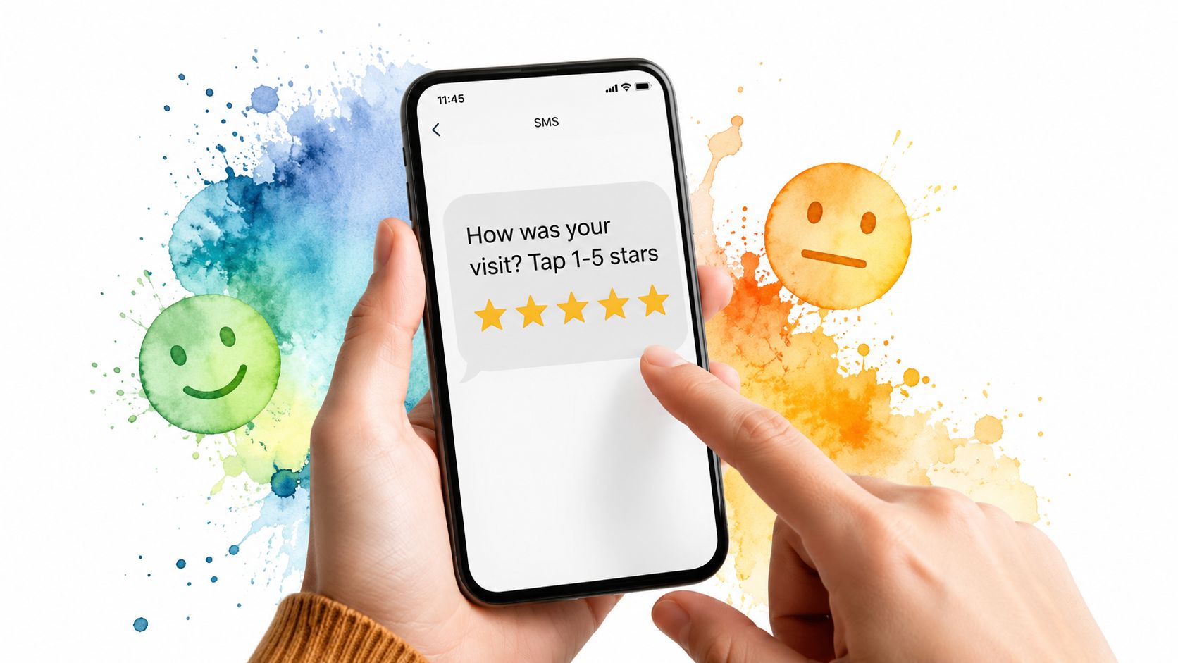 A person holding a smartphone showing an SMS survey with a five-star rating system.