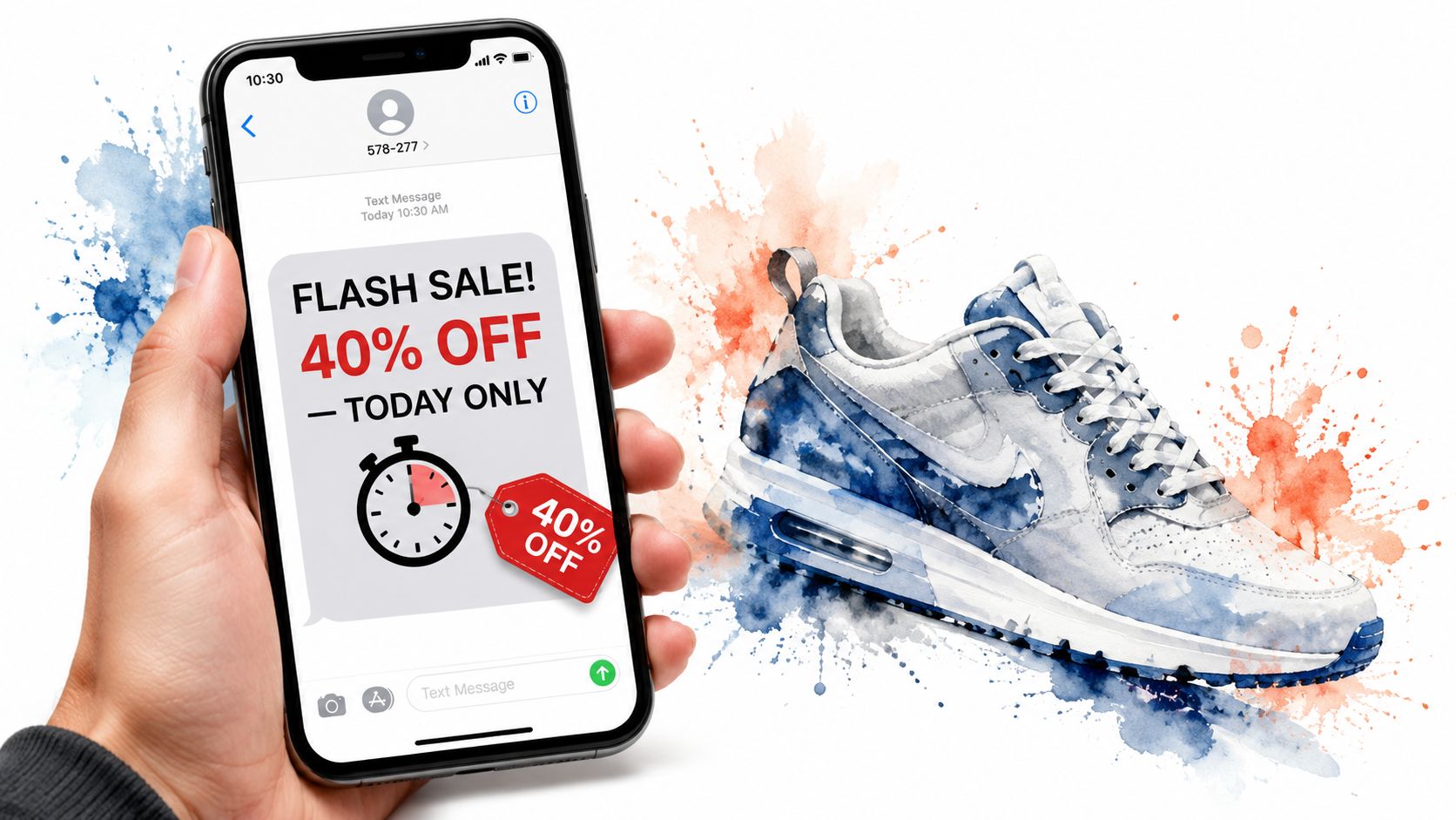A hand holding a smartphone displaying a 40% off flash sale text message next to a sneaker.