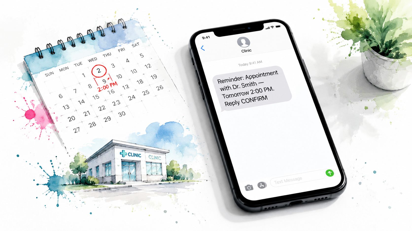 A calendar showing an appointment date next to a smartphone displaying an automated clinic reminder text message.