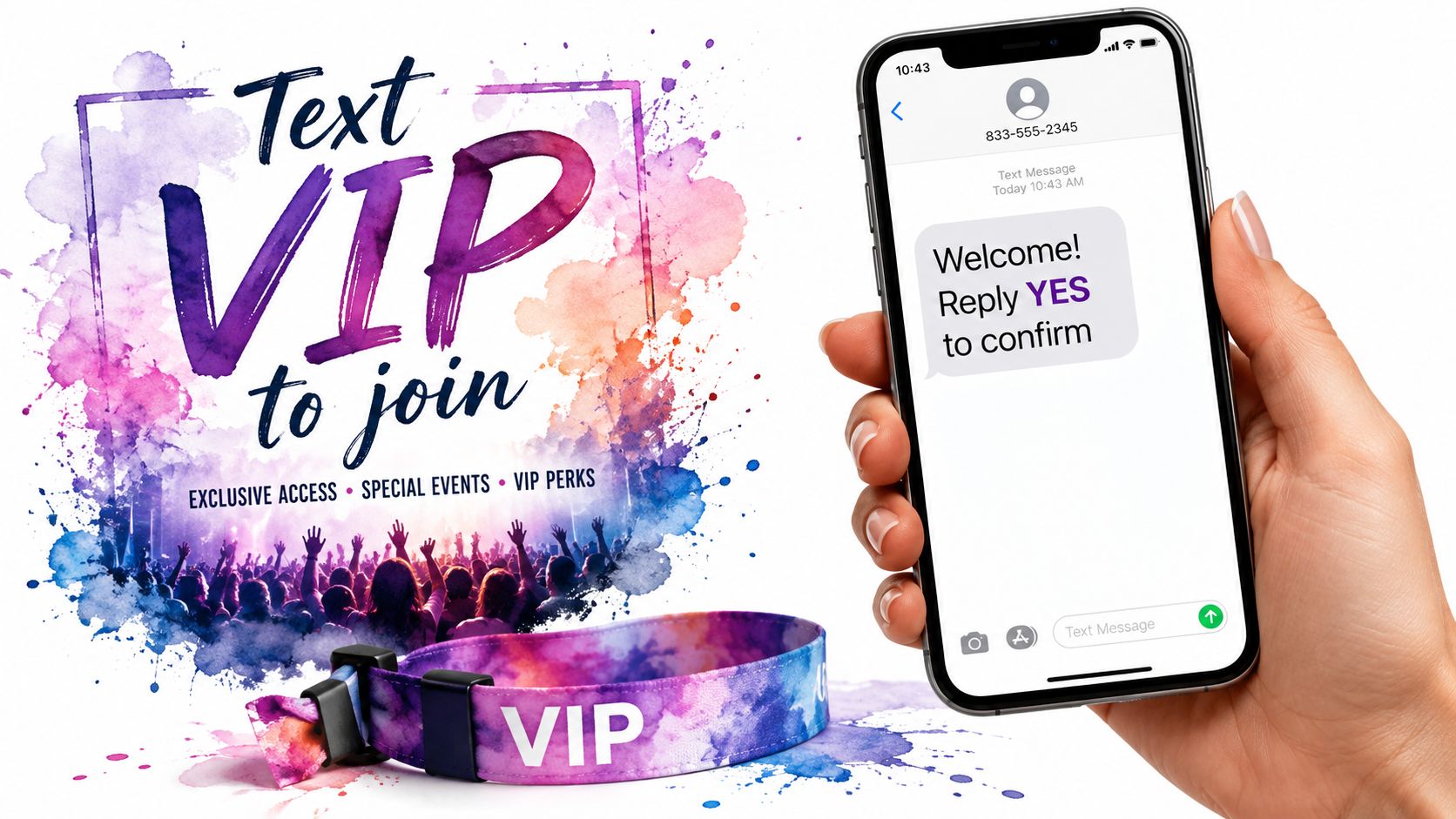 Hand holding a smartphone displaying an SMS text message invitation to join a VIP marketing program.