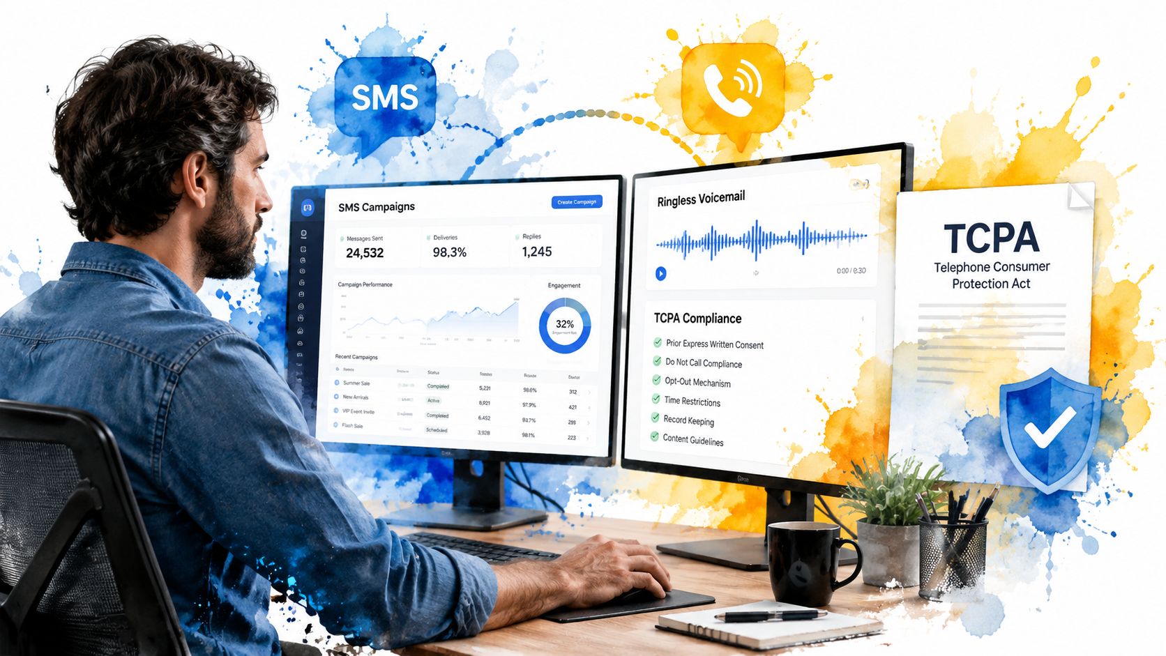 A professional analyzing SMS marketing and ringless voicemail campaign data on dual monitors with TCPA compliance information.