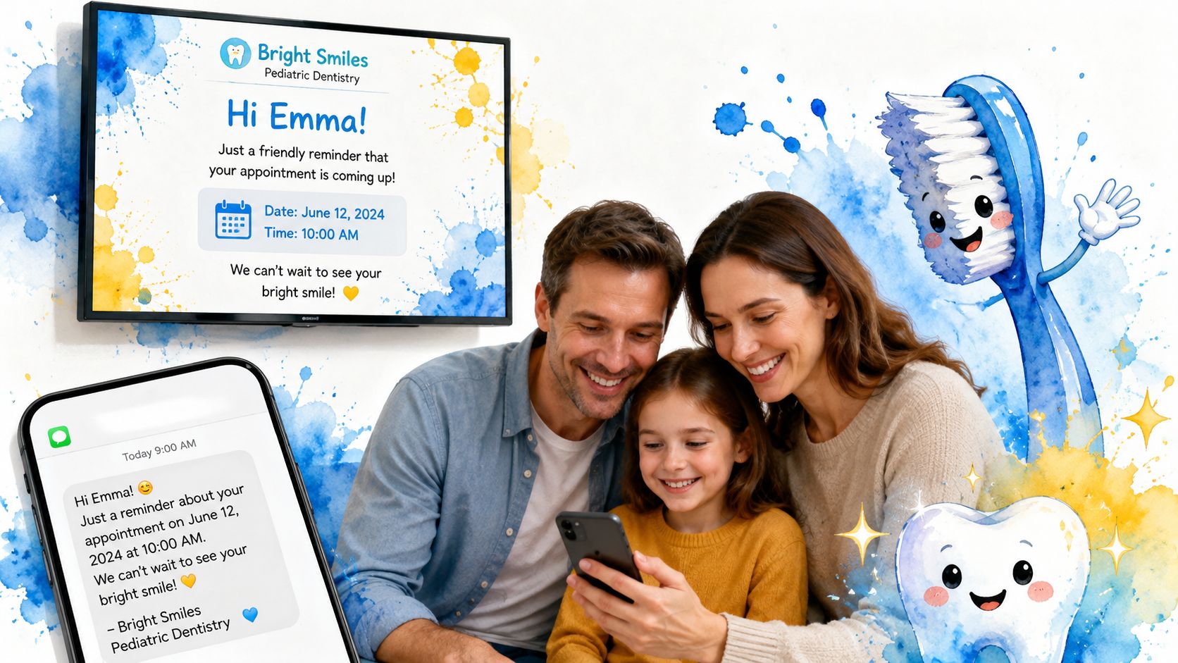 A family looking at a smartphone message notification about a scheduled pediatric dentist appointment.