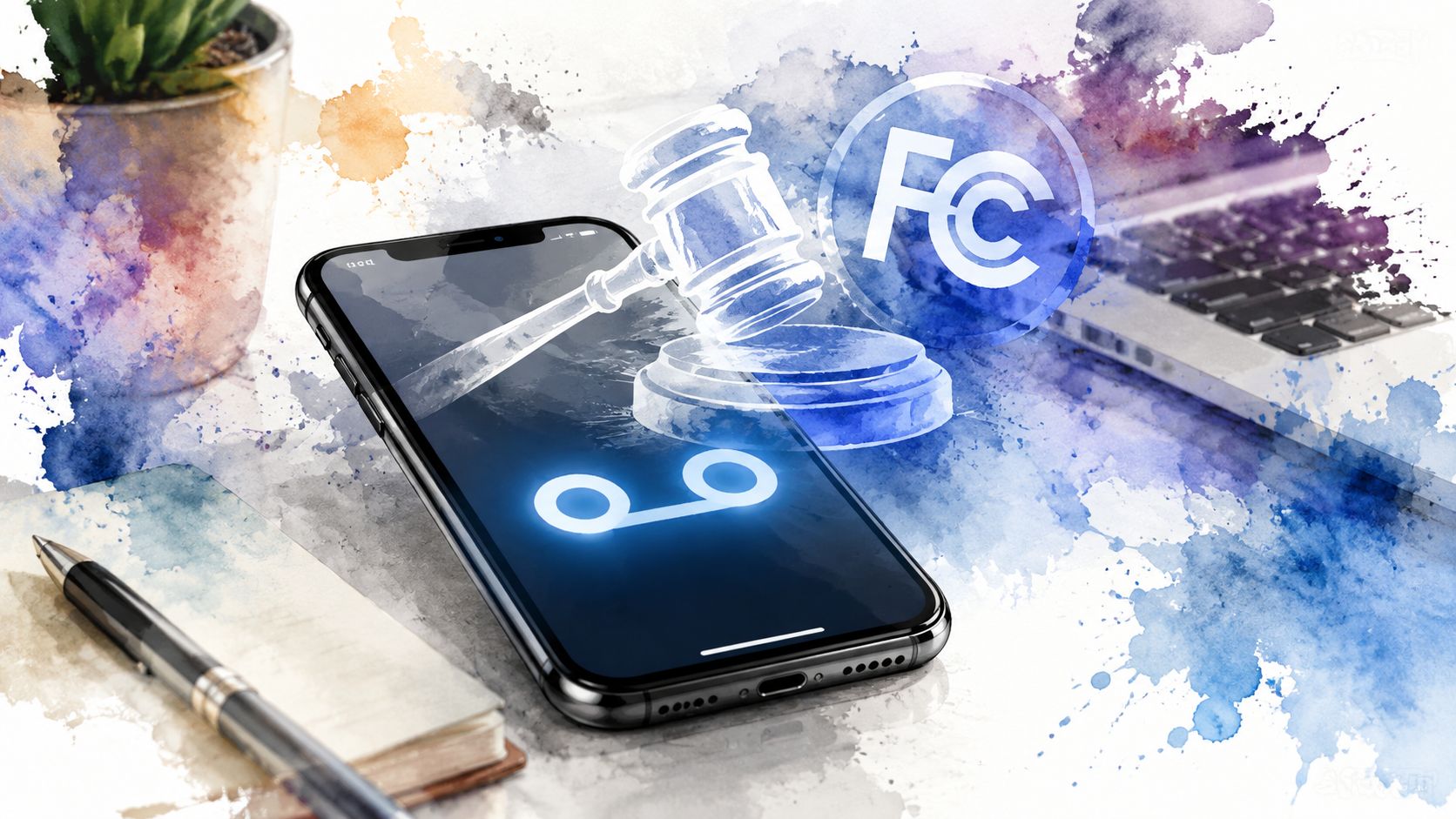 A digital smartphone displaying a voicemail icon with a gavel and the FCC logo overlaid on top.