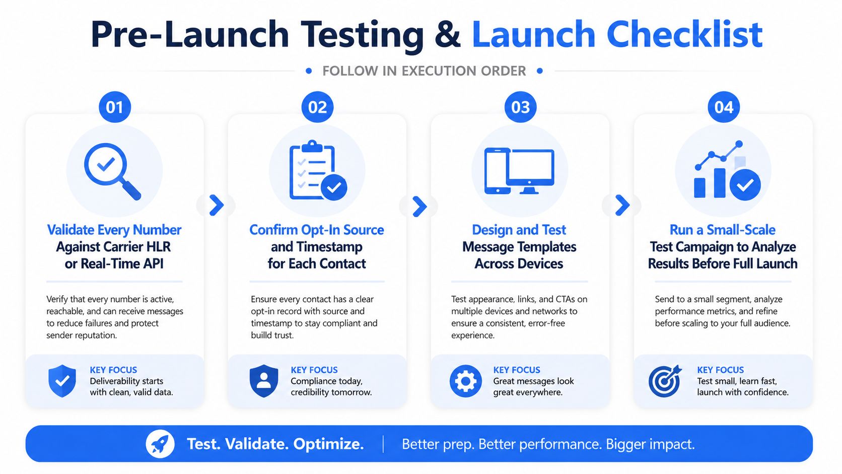 A four-step checklist infographic for pre-launch SMS marketing, detailing validation, opt-in compliance, design testing, and performance analysis.