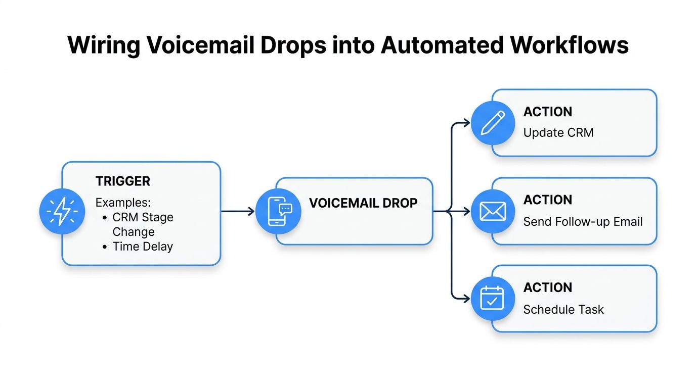 A diagram illustrating how ringless voicemail drops can be integrated into automated business workflows and CRM processes.