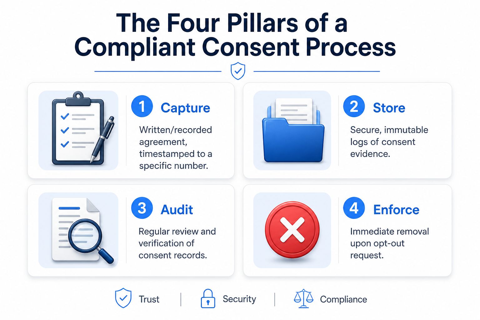 An infographic titled The Four Pillars of a Compliant Consent Process detailing Capture, Store, Audit, and Enforce steps.