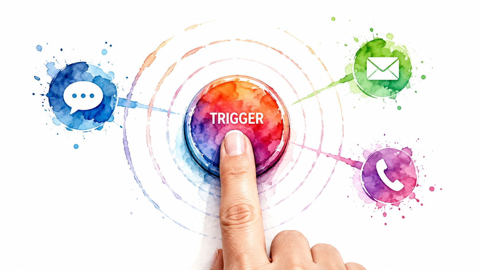 A finger pressing a colorful watercolor button labeled trigger, connecting to messaging, email, and phone icons.