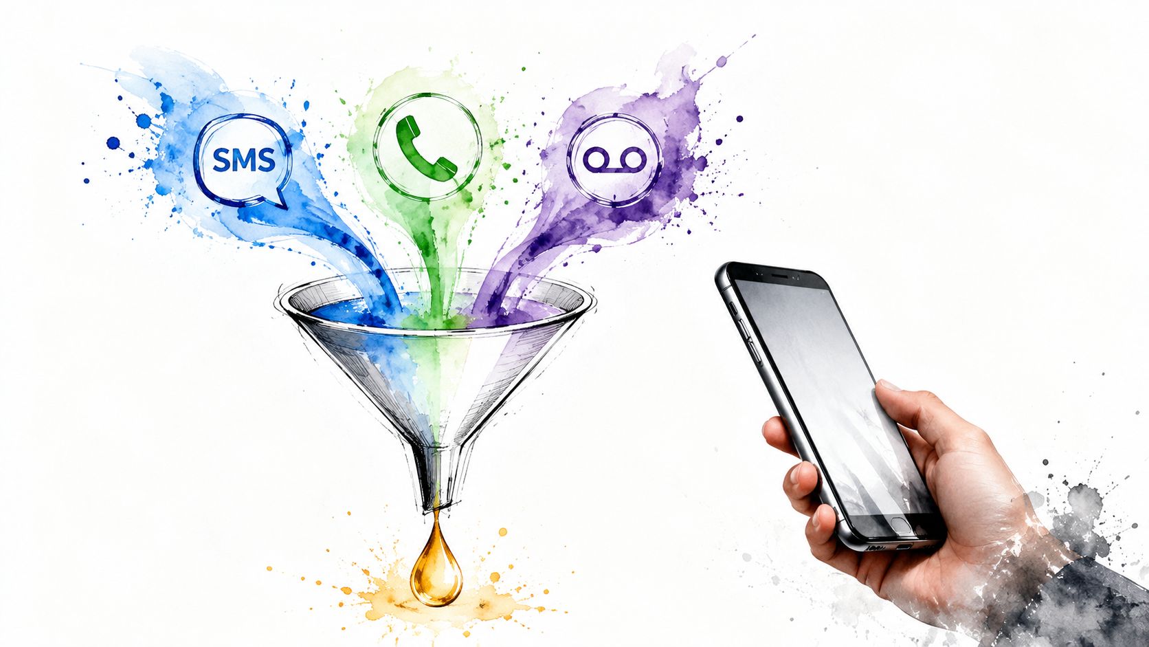 A watercolor illustration of communication icons funneling into a golden drop, held by a person with a phone.