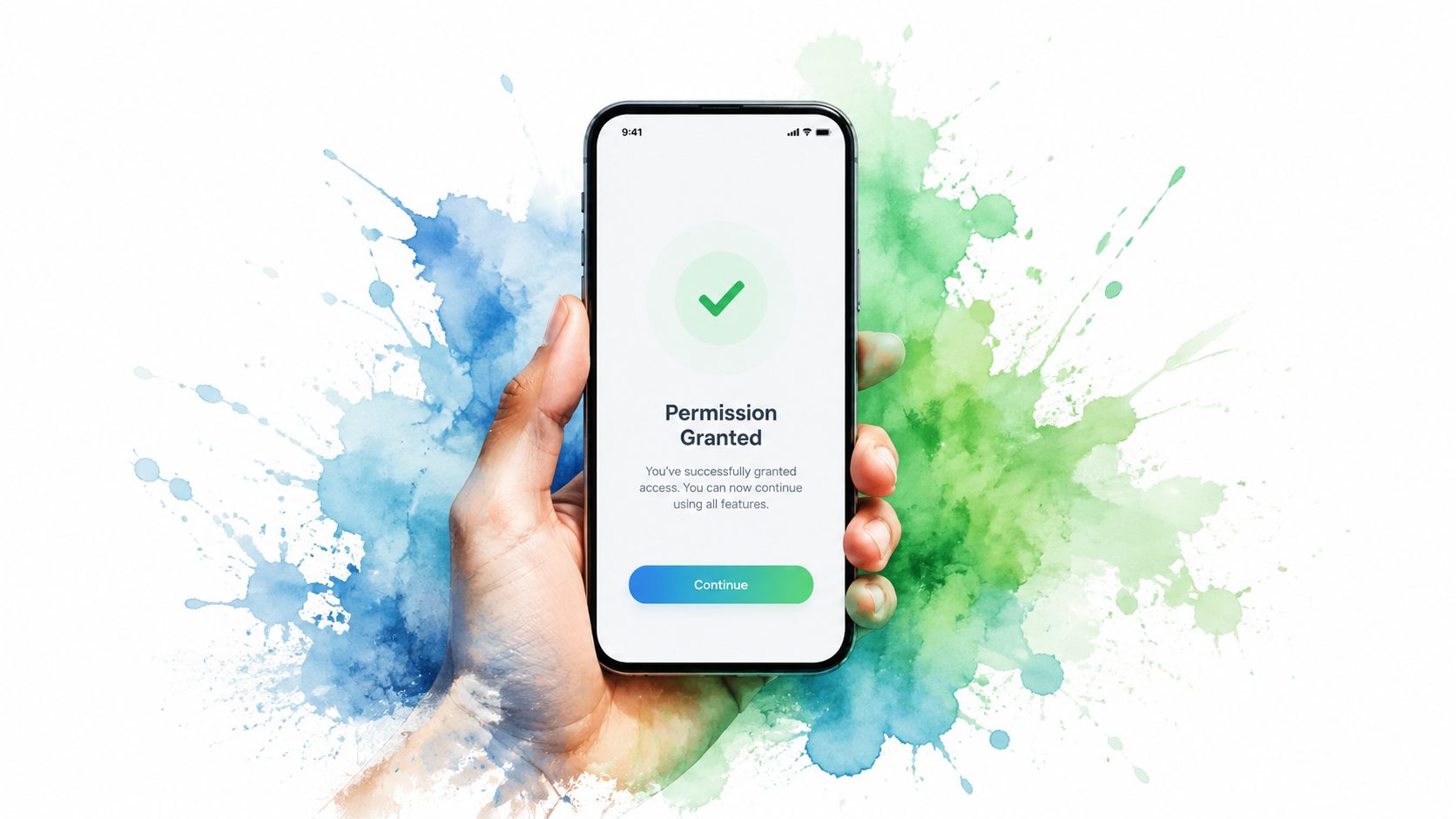 A hand holding a smartphone displaying a Permission Granted success screen on a vibrant watercolor background.