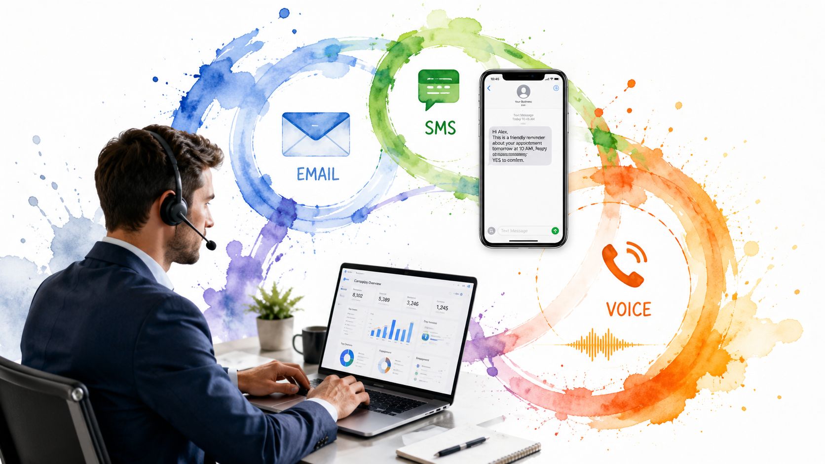 A professional customer support agent working on a laptop displaying marketing communication channels like email, SMS, and voice.
