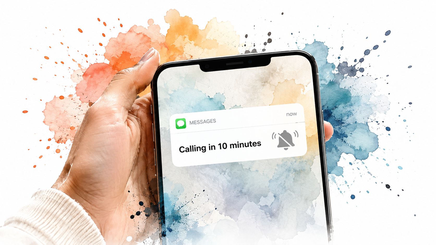 A close-up view of a hand holding a smartphone showing a text message notification reading Calling in 10 minutes.