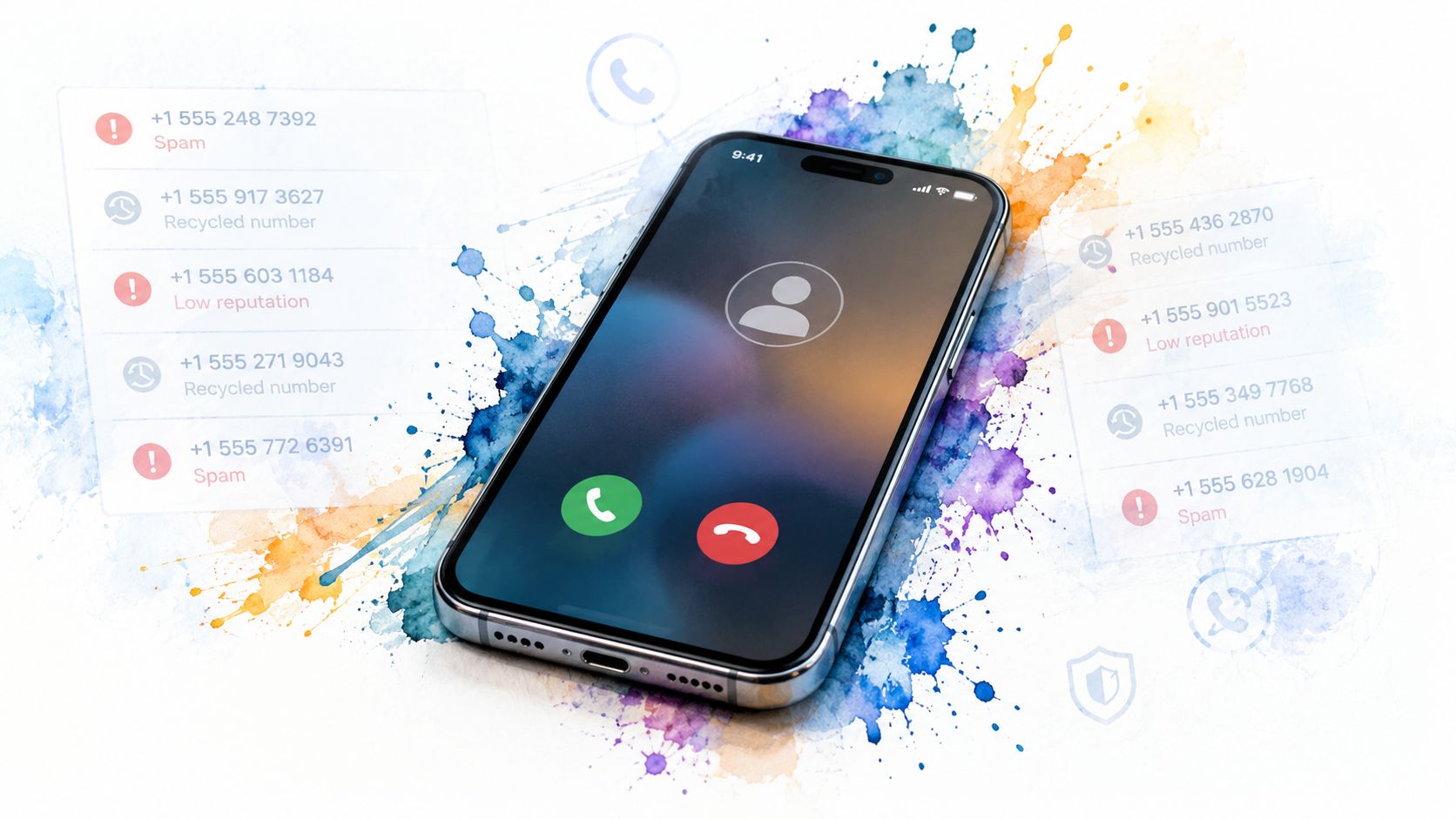 A modern smartphone display showing incoming call interface surrounded by floating alerts of spam and recycled phone numbers.
