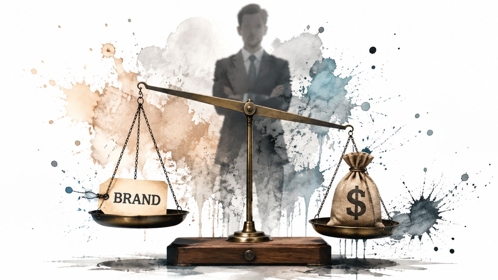 A balance scale weighing a brand tag against a sack of money with a blurred businessman behind.