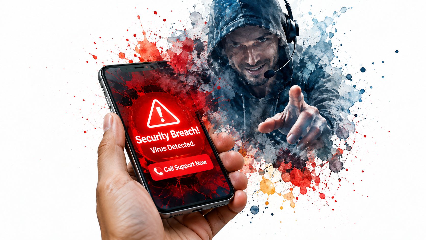 An illustration of a smartphone with a fake virus alert, showing a scammer emerging from the screen, representing a tech support scam.