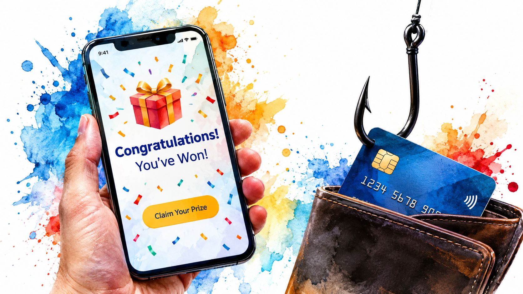 A smartphone showing a fake prize notification next to a phishing hook about to steal a credit card, illustrating a lottery scam.