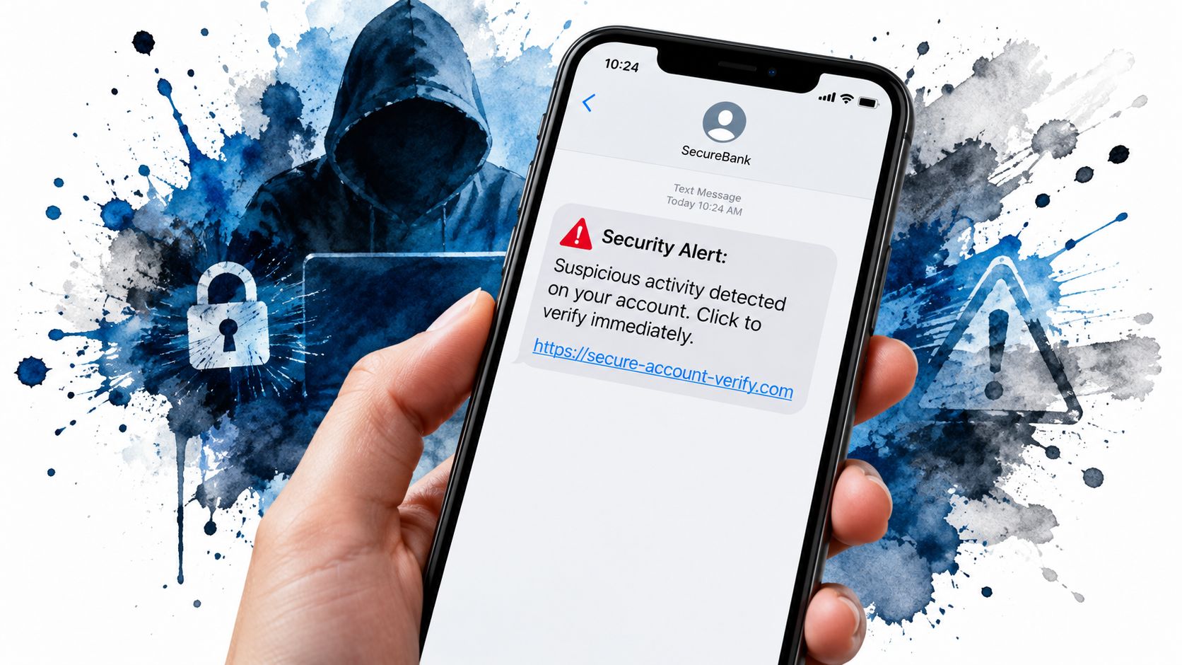 A smartphone displays a security alert for a suspicious phishing message, with abstract watercolor splashes indicating danger.