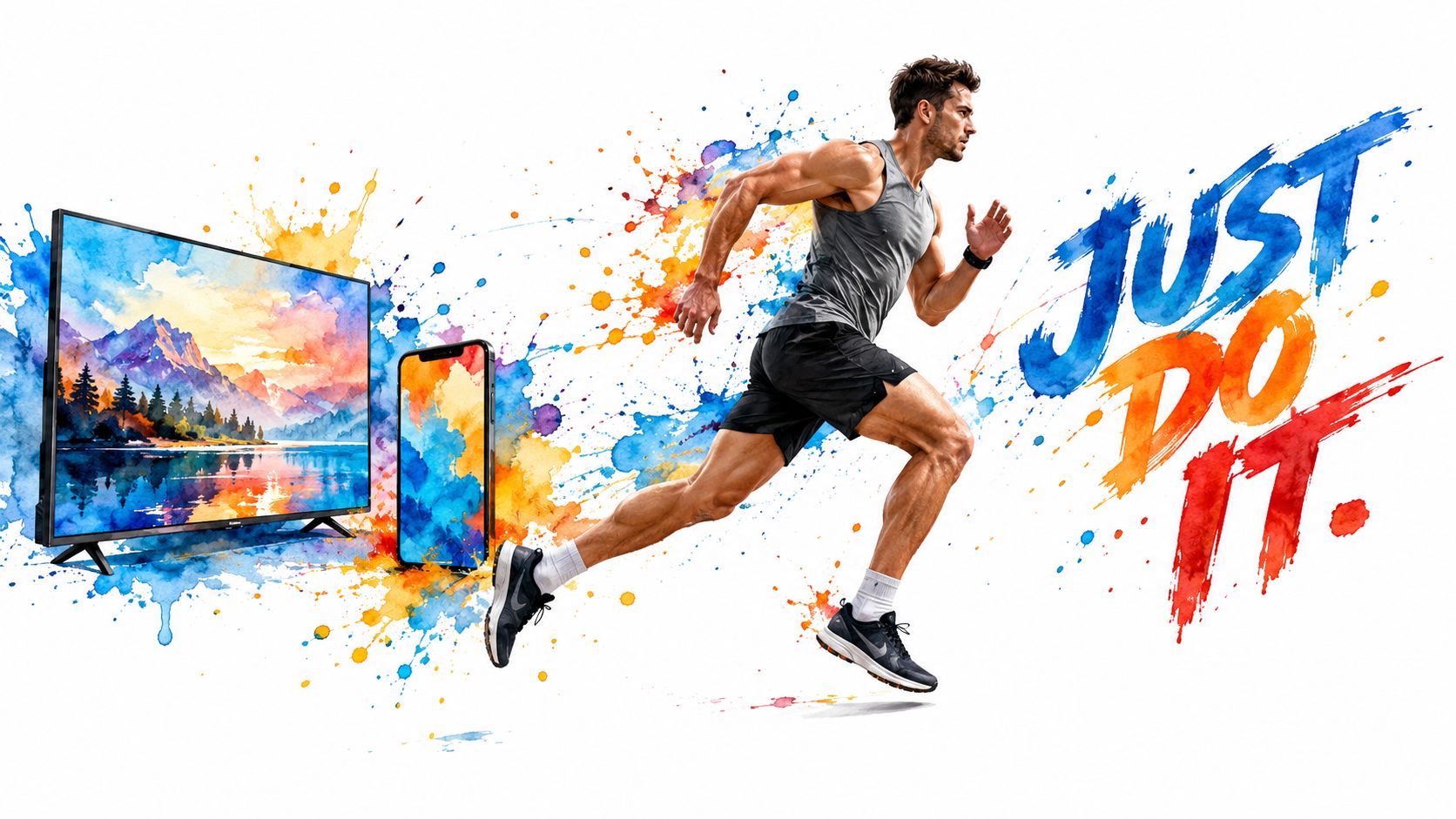 A photorealistic runner sprints past watercolor illustrations of a TV and smartphone, with the words 'JUST DO IT.' in painted text.