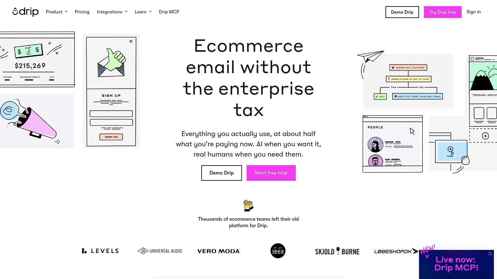 A screenshot of the Drip marketing automation software homepage highlighting its features for e-commerce brands.