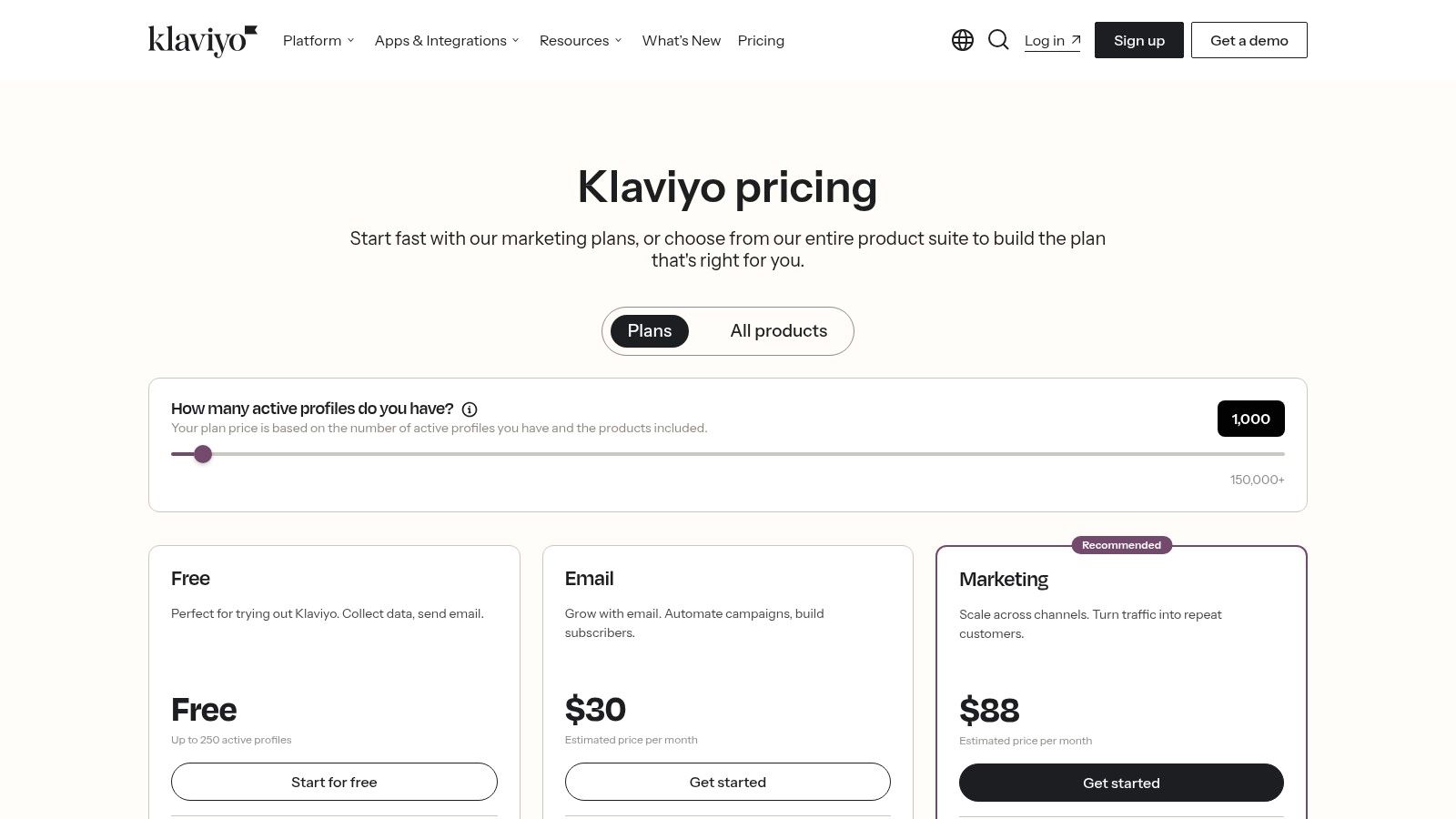 A screenshot of the Klaviyo pricing calculator page, showing sliders to adjust active profiles and messages.