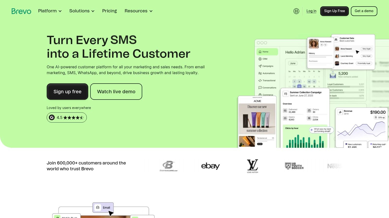 A screenshot of the Brevo website homepage, highlighting its all-in-one marketing platform for businesses.