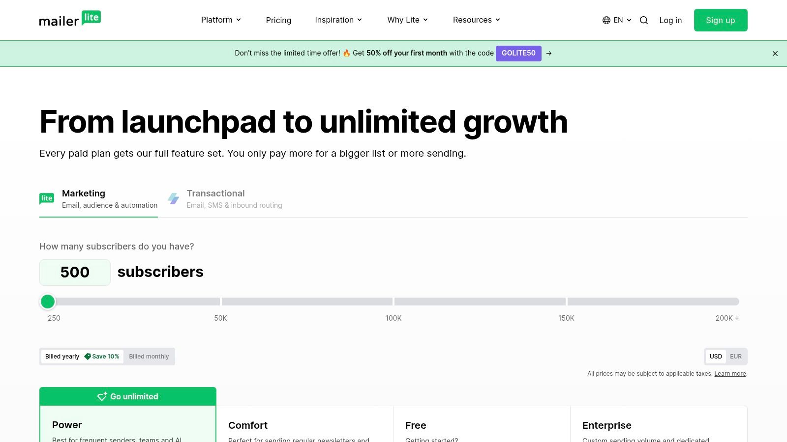 A screenshot of the MailerLite pricing page, showing the subscriber slider and different plan options.