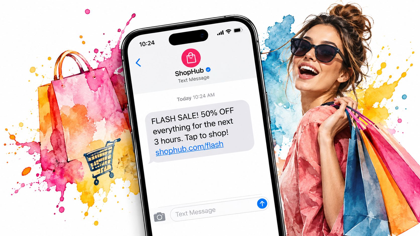 A smartphone screen displaying a short, effective SMS marketing message promoting a flash sale with a clear call-to-action.