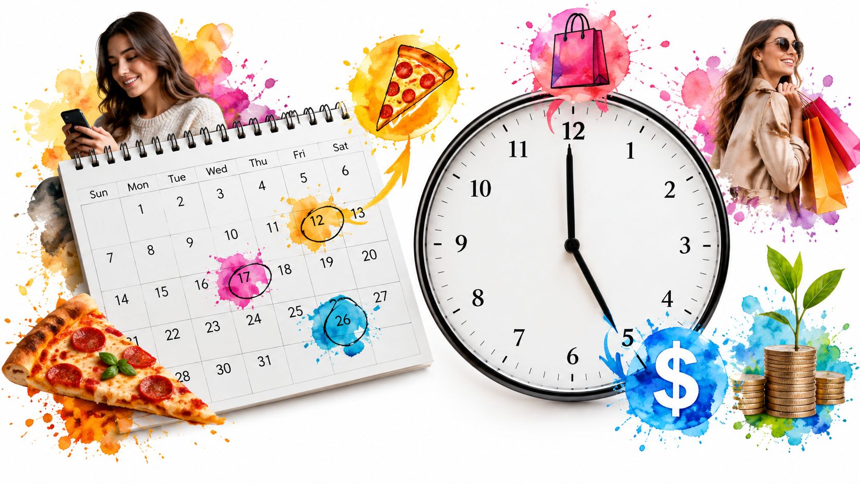 A conceptual image of a calendar and clock with industry icons placed at optimal times, illustrating send time optimization.