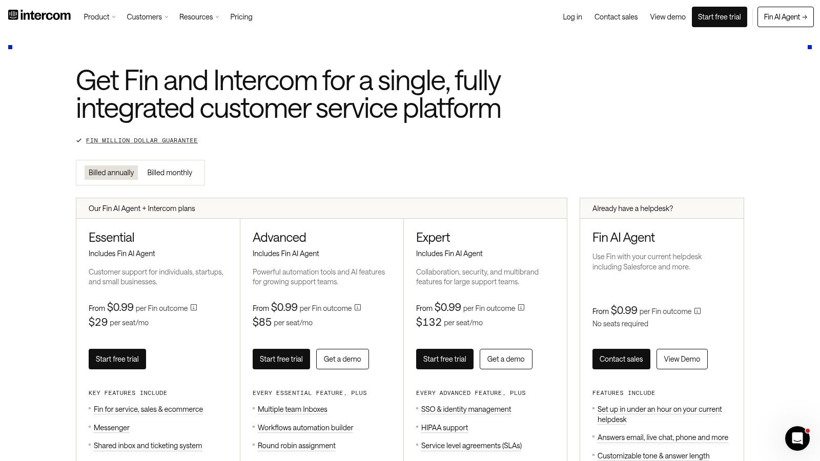 A screenshot of the Intercom pricing page showing different plans and features for their customer service suite.
