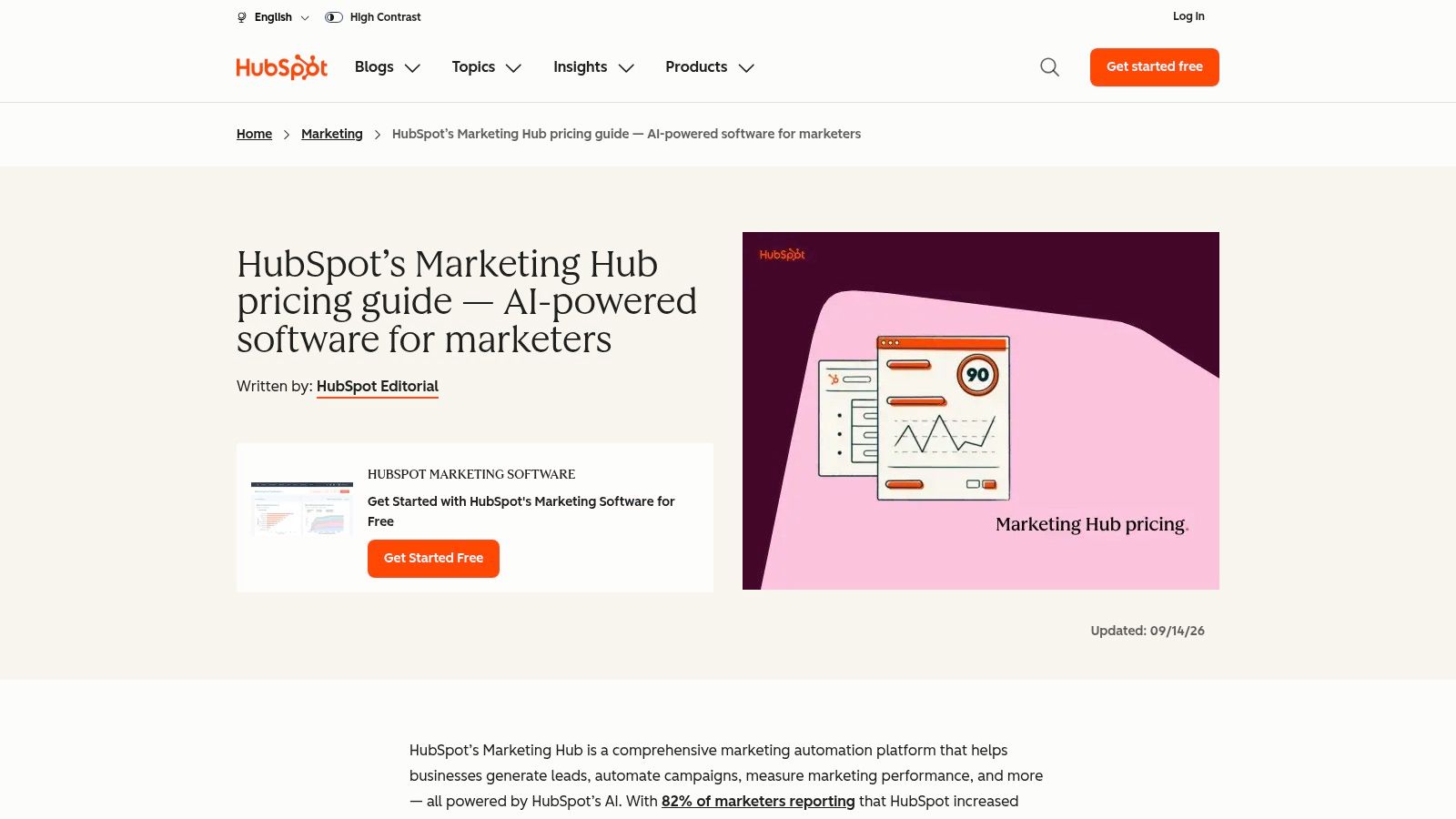 A screenshot of the HubSpot website's blog post about the Marketing Hub pricing guide.