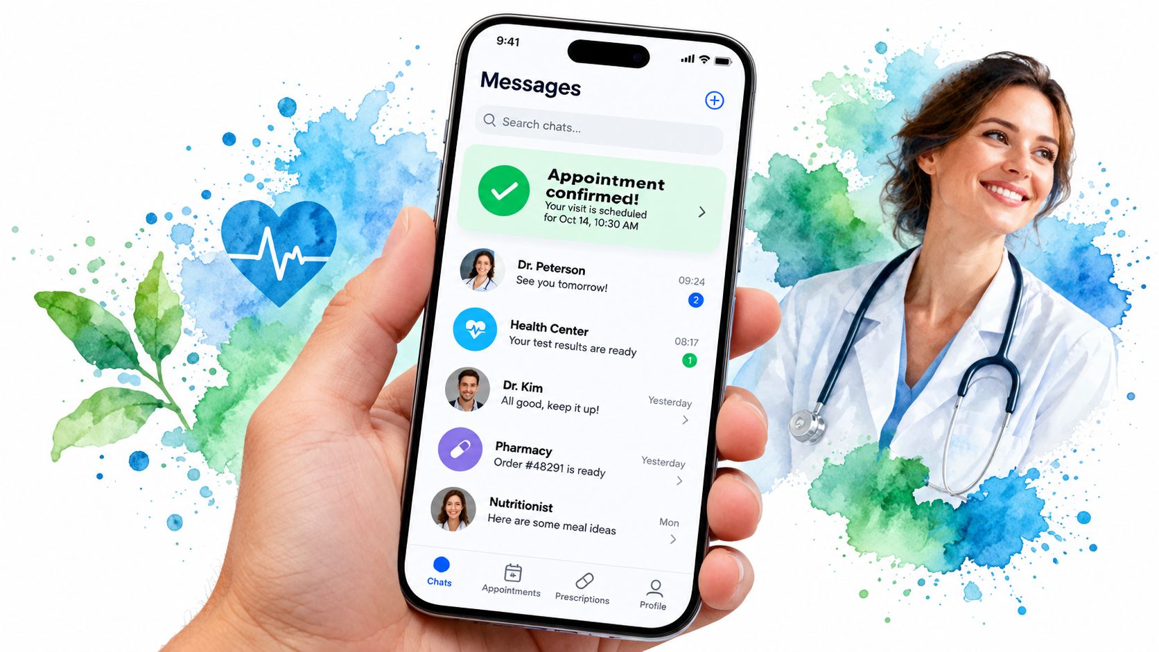 A hand holding a smartphone showing a healthcare communication app with a confirmation checkmark, set against a watercolor background.