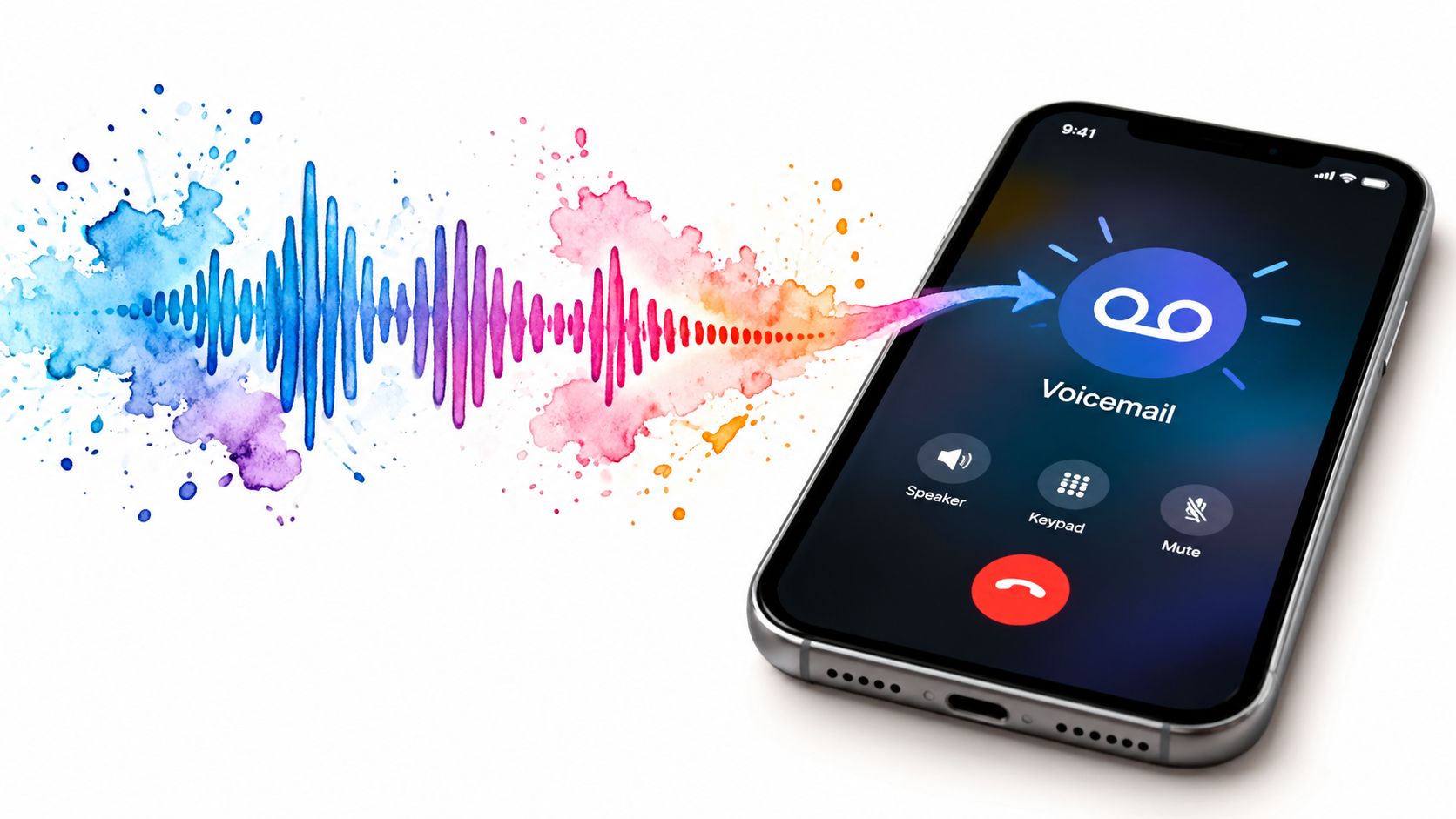 A smartphone displaying a voicemail icon, with a colorful watercolor sound wave flowing towards it, representing a ringless voicemail.